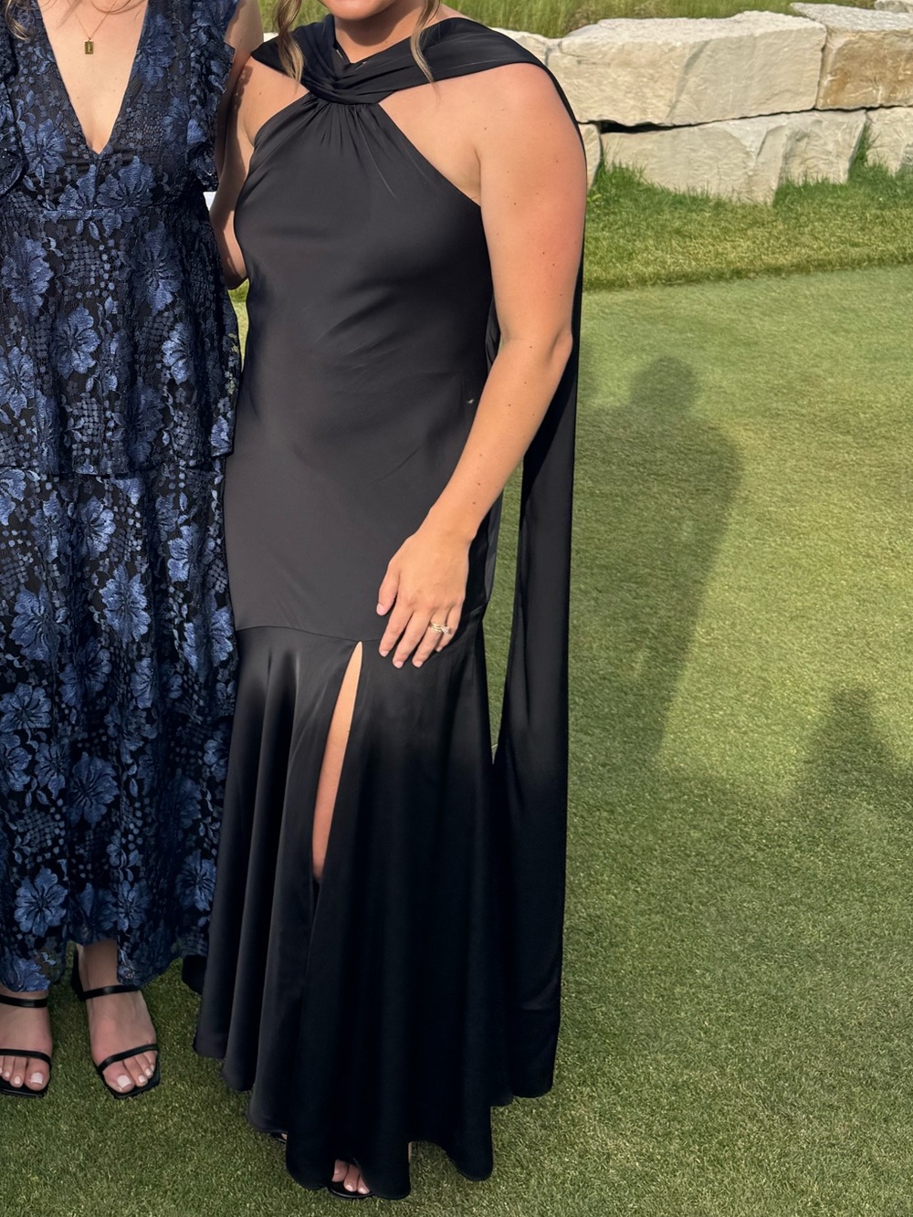 Birdy Grey Black Maxi Dress with Cape and Thigh Slit